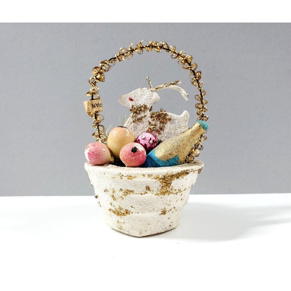 Vintage Japan Putz Christmas New Year Fruit Basket Reindeer Mica Ornament Decor