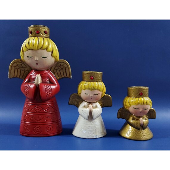 Vintage MCM Ardco Japan Angel Christmas Paper Mache Candle Holders Set of 3