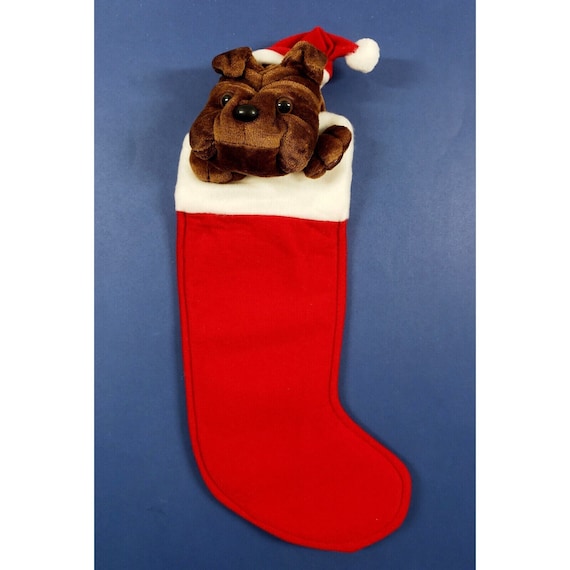 1988 Vintage Strottman International Brand Bulldog Plush Dog Christmas Stocking