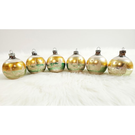 6 Vintage Shiny Brite Church Village Scene Gold Stripe Stencil Glass Ornaments