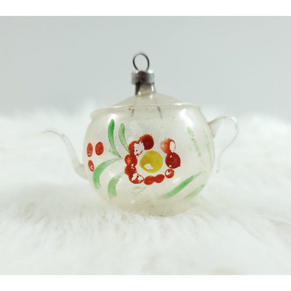 Vintage German Mercury Glass Figural Teapot Flowers Christmas Feather Ornament