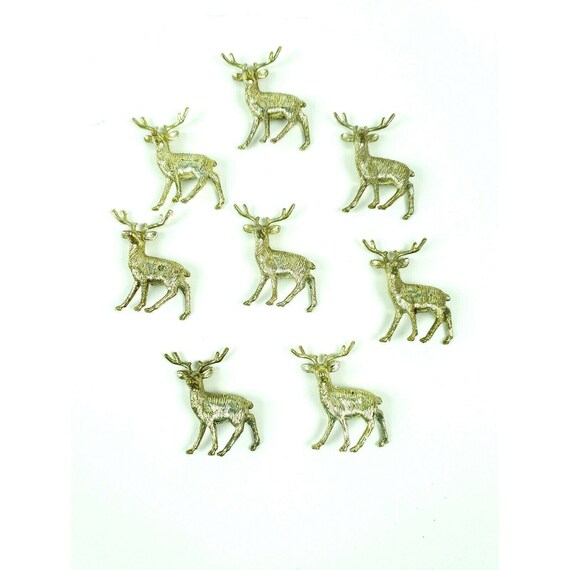 8 Vintage Gold Hard Plastic Mini Reindeer Deer Christmas Figurine Hong Kong 1.75"