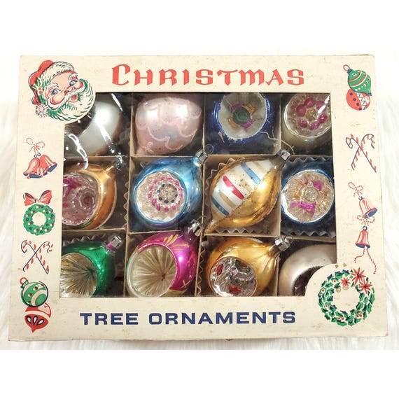 12 Vintage Poland Fantasia Mica Indent Teardrop Glass Christmas Ornaments w Box