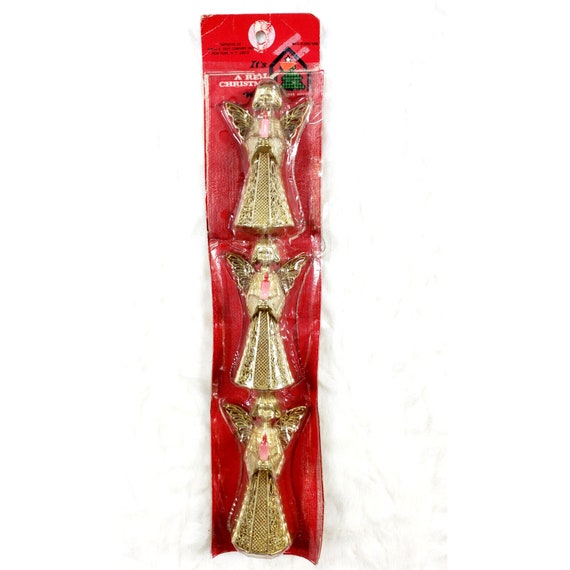3 Vintage NOS James Cole Gold Angel Candle Hard Plastic Christmas Ornaments NIP