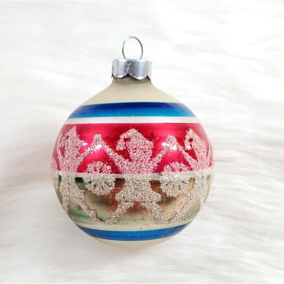 Shiny Brite Stencil Patriotic RWB USA Mica Dancing Elf Glass Christmas Ornament