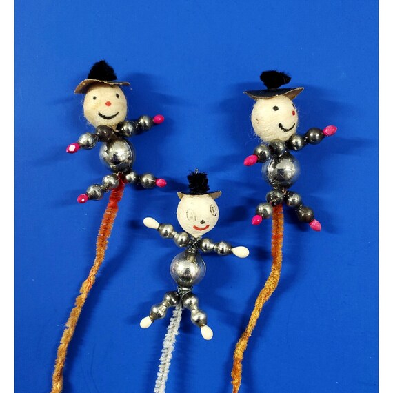 3 Vintage Miniature Mercury Glass Bead Spun Cotton Snowman Christmas Tie On Pick