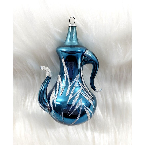 Vintage Czech Blow Glass Figural Blue Mica Teapot Christmas Ornament