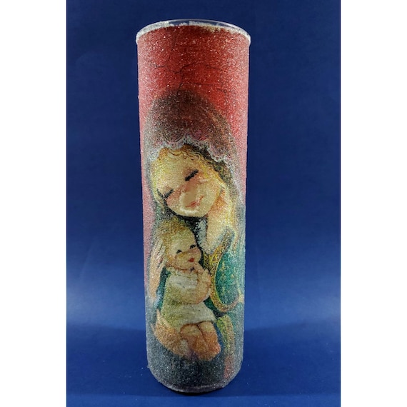 Vintage Sugar Frosted Pillar Christmas Candle Mary Jesus Nativity 9"
