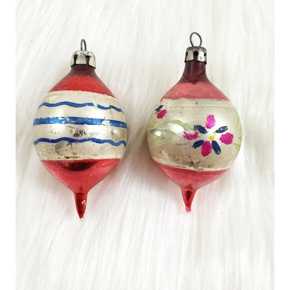 2 Vintage Poland Feather Tree Teardrop 2" Hand Painted Glass Christmas Ornaments