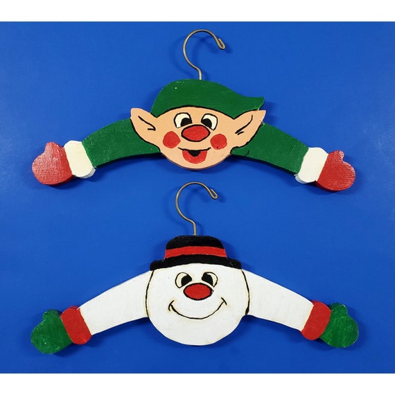 2 Vintage Wooden Hand Painted Snowman Elf Christmas Child Clothes Coat Hanger