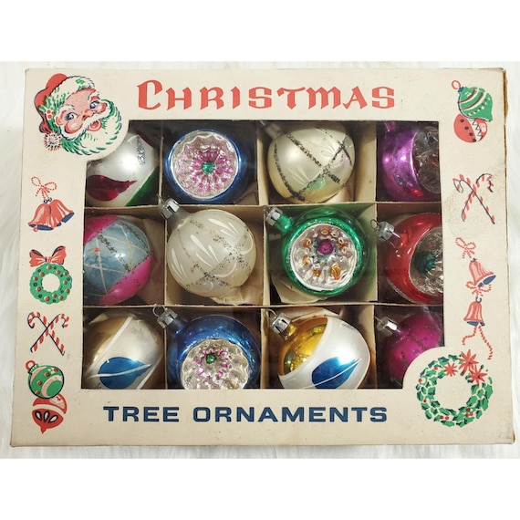 Vintage Poland Fantasia Mica Indent Ball Glass Christmas Ornaments Box of 12