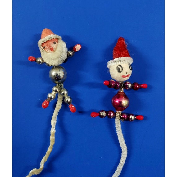 2 Vintage Miniature Mercury Glass Bead Spun Cotton Santa Elf Christmas Tie Ons