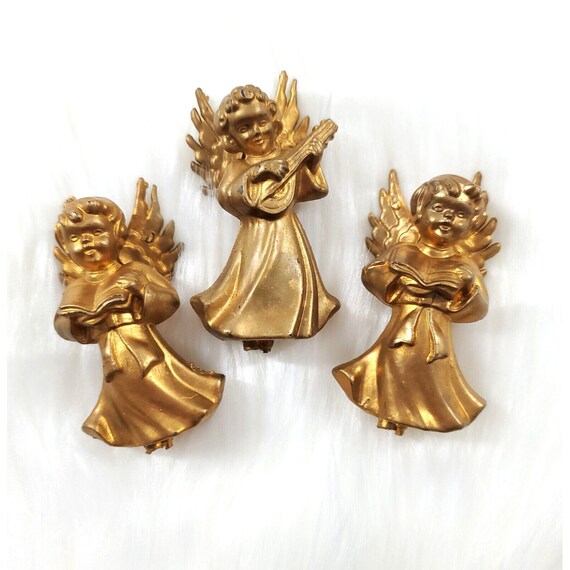 3 Vintage Gold Plastic Angel Christmas Floral Picks Figurines 2.75"