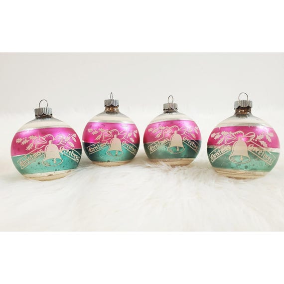 4 Vintage Shiny Brite Christmas Greetings Pink Stripe Stencil Glass Ornaments