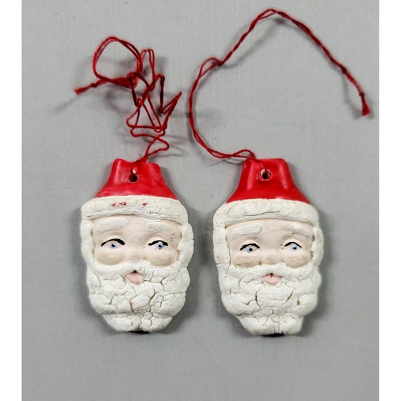 2 Vintage Holland Mold Miniature Mini Ceramic Santa Face Christmas Ornaments 1"