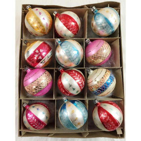 Vintage Poland Fantasia Mica Hand Painted Ball Glass Christmas Ornaments Box 12