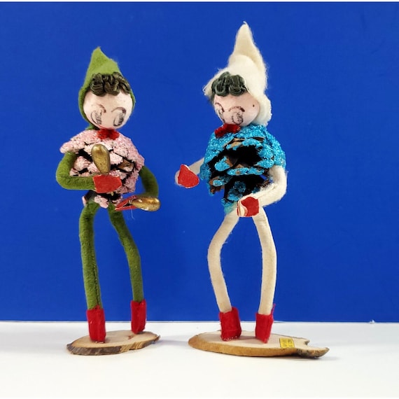 2 Vintage Japan Pinecone Putz Elf Pixie Long Leg Christmas Figurines