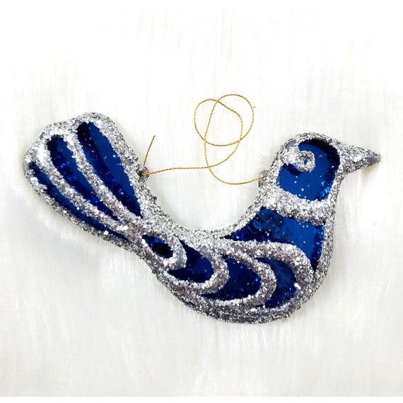Vintage Blue Plastic Mica Glitter Dove Bird Kitsch Christmas Tree Ornament