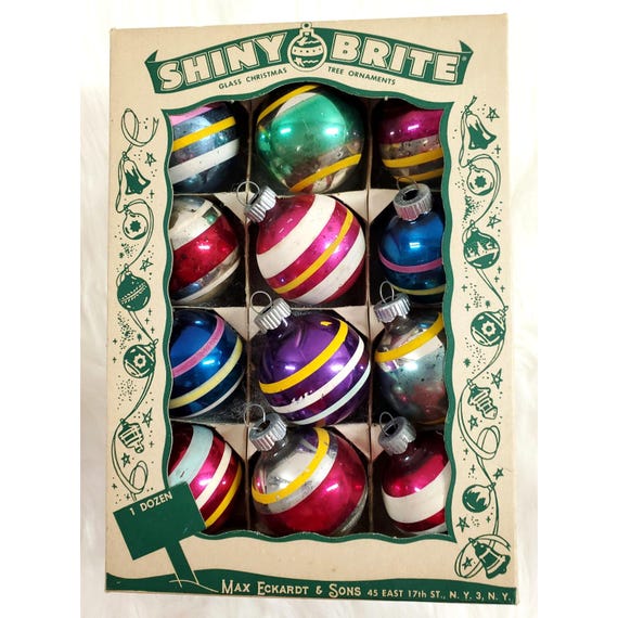 Vintage Shiny Brite Stripe Ball 2" Mercury Glass Christmas Ornaments Box of 12