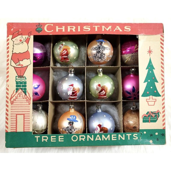 12 Vintage Poland Mica Snowman Santa Fantasia Glass Christmas Ornaments w Box
