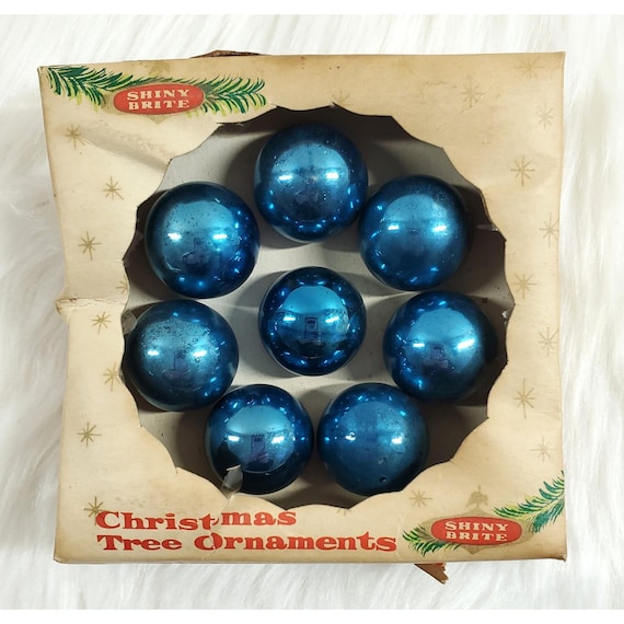 8 Vintage 25mm Mini Shiny Brite Blue Glass Feather Tree Christmas Ornaments Box