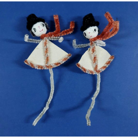 2 Vintage Snowman Chenille Christmas Package Tie On Ornaments