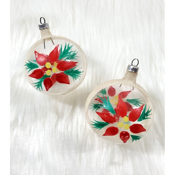 2 Vintage Hand Painted Poinsettia Flower Mica Glass Ball Christmas Ornaments