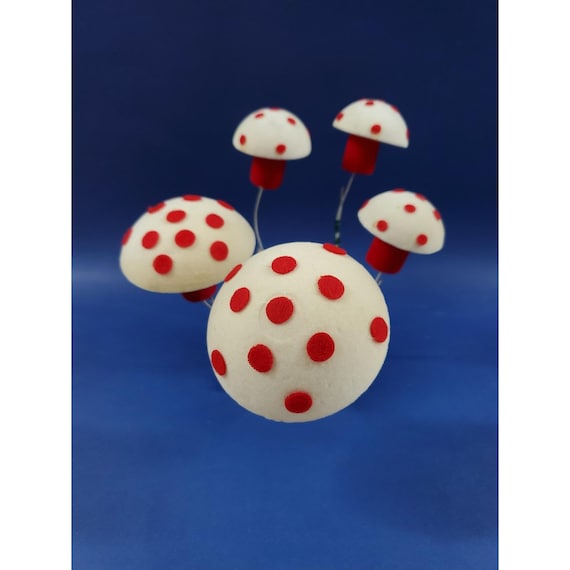 5 VTG Japan Flocked Red White Polka Dot Mushroom Christmas Floral Pick Ornaments