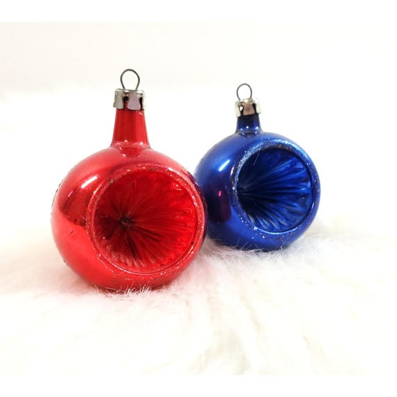 2 Vintage Poland Feather Tree Deep Indent Reflector Glass Christmas Ornaments 2"