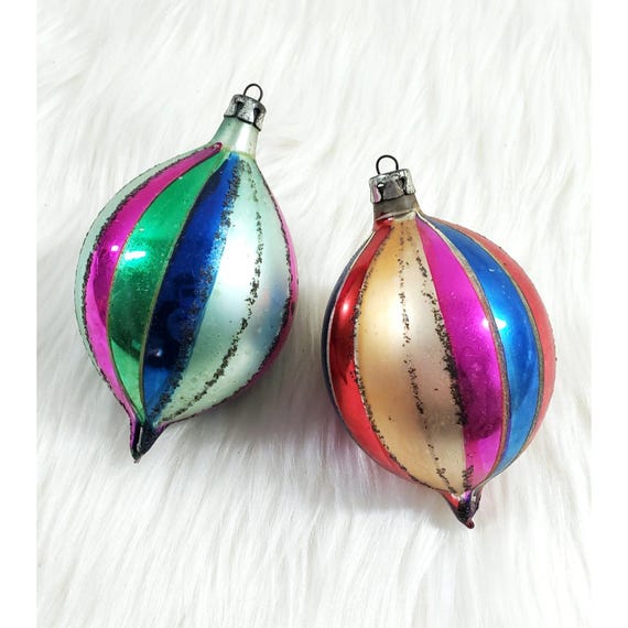 2 Vintage Poland Striped Harlequin Mica Teardrop Glass Christmas Ornaments