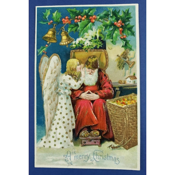 German Antique Christmas Embossed Postcard Angel Whisper to Belsnickle Santa