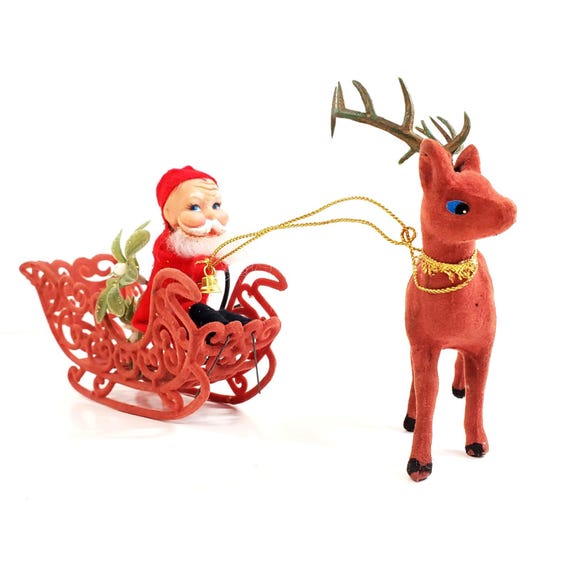 Vintage Flocked Santa Sleigh Reindeer Holly Mistletoe Christmas Decoration