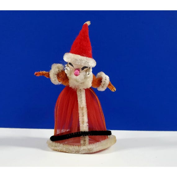 Vintage Spun Cotton Chenille Tulle Santa Claus Christmas Ornament Tie On a