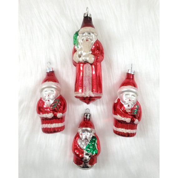 4 Vintage Santa Father Christmas Blown Glass Figural Ornaments Poland Czech Lot