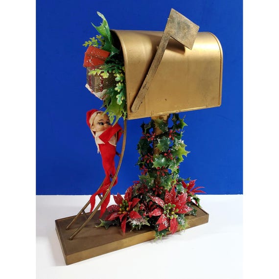 Vintage Pixie Elf Plastic Gold Mailbox Kitsch Christmas Decor Hong Kong