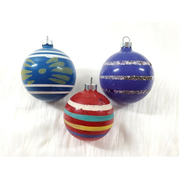 3 WWII Era Unsilvered Painted Striped Shiny Brite Balls Christmas Ornaments