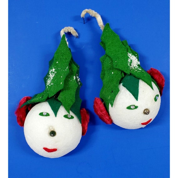 2 Vintage Styrofoam Felt Snowman Handmade Kitsch Christmas Ornaments