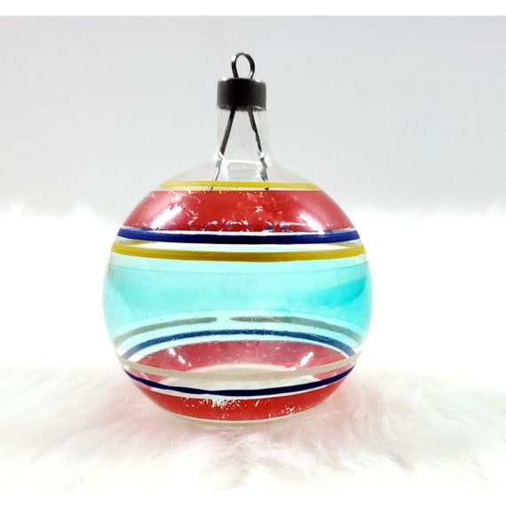 Vintage WWII Premier Unsilvered Red Blue Stripe Glass Ball Christmas Ornament