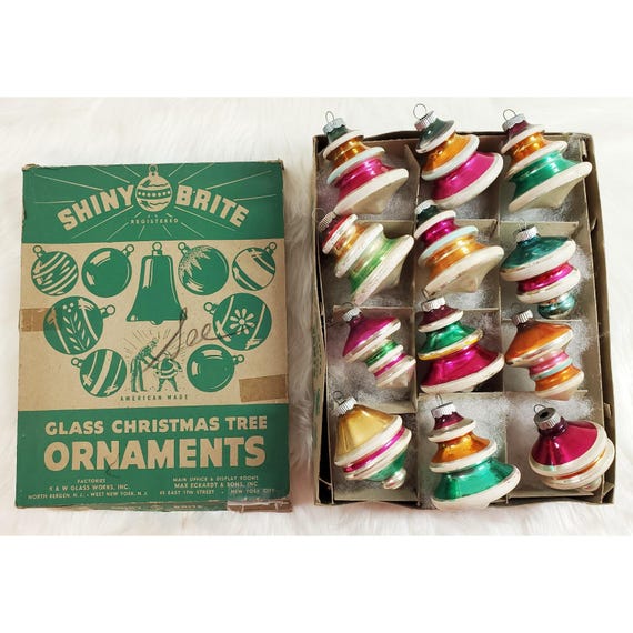 12 Vintage Shiny Brite Atomic Striped UFO Tree Tornado Glass Christmas Ornaments