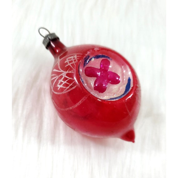 Vintage Poland Double Indent Teardrop Red Glass Christmas Tree Ornament 3"