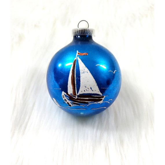Vintage Austria Hand Painted Sailboat Lighthouse Dutch Girl Glass Christmas Ornament