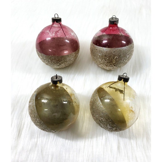 4 Vintage Unsilvered Cranberry Yellow Mica Glitter Dip Glass Christmas Ornaments