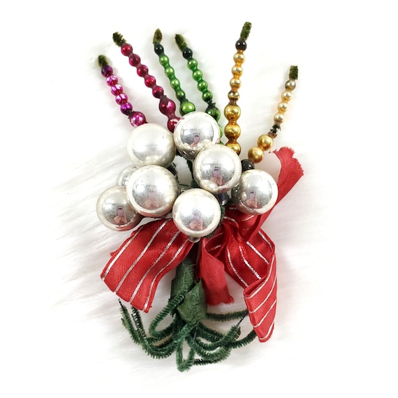 Vintage Multi Color Mercury Glass Pick Silver Ball Christmas Corsage Brooch Pin