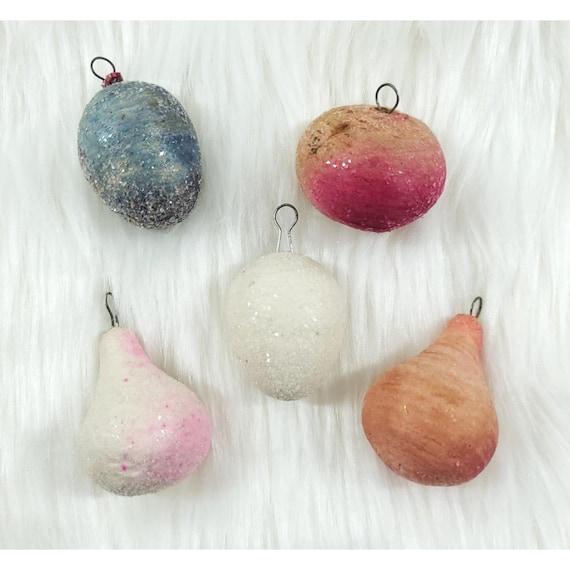 Antique German Spun Cotton Fruit Pear Apple Sugar Plum Christmas Ornaments