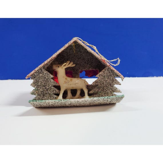 Vintage Christmas Putz Cardboard Mica House Celluloid Reindeer Japan