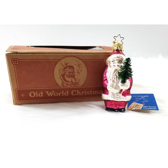 Old World Christmas OWC Germany Santa Claus Pink w Tree Glass Ornament w Box