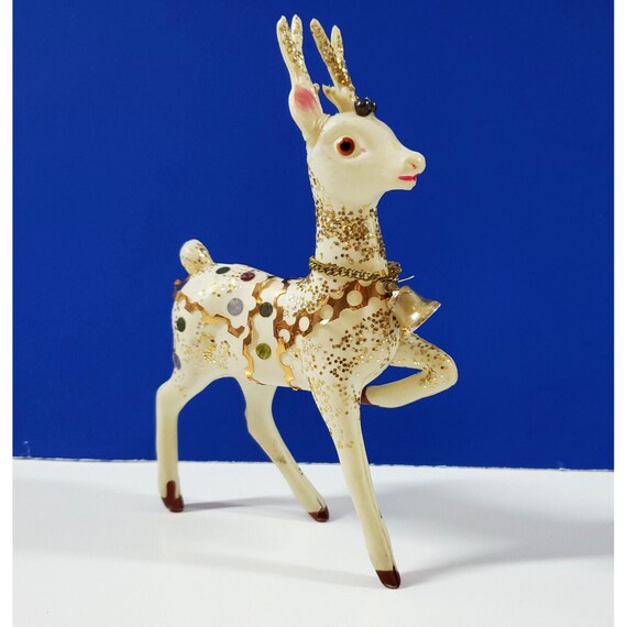 Vintage Japan Celluloid Reindeer Gold Glitter Mercury Glass Christmas Figurine