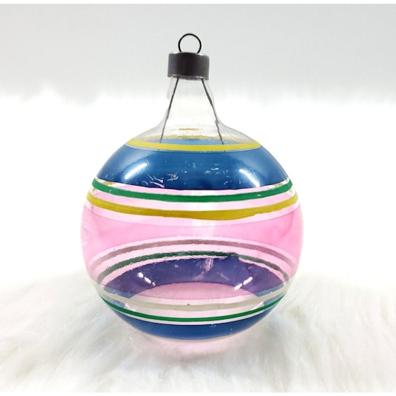 Vintage WWII Premier Unsilvered Blue Pink Stripe Glass Ball Christmas Ornament