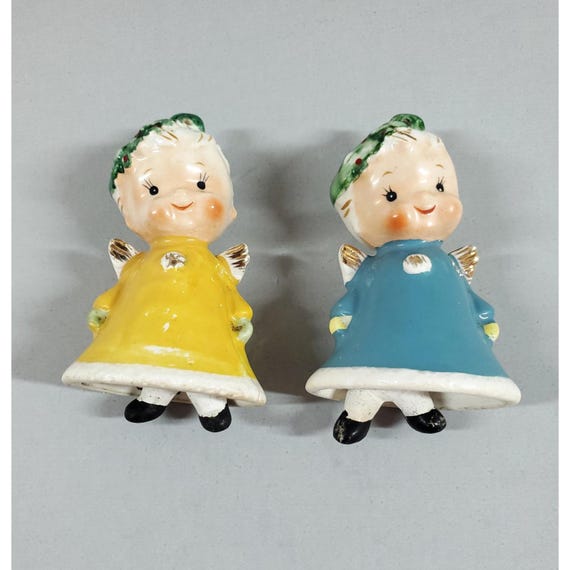 2 Vintage Napco Japan Angel Ceramic Bell Leg Clapper Christmas Figure Ornaments