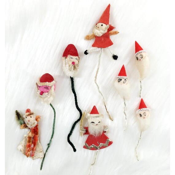 Vintage Lot Spun Cotton Chenille Santa Claus Christmas Tie On Picks Ornaments